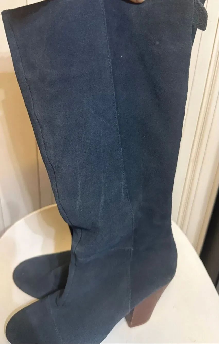 Matisse Women's Leather Knee-High Block Heel Riding Boots Navy Blue Size 9
